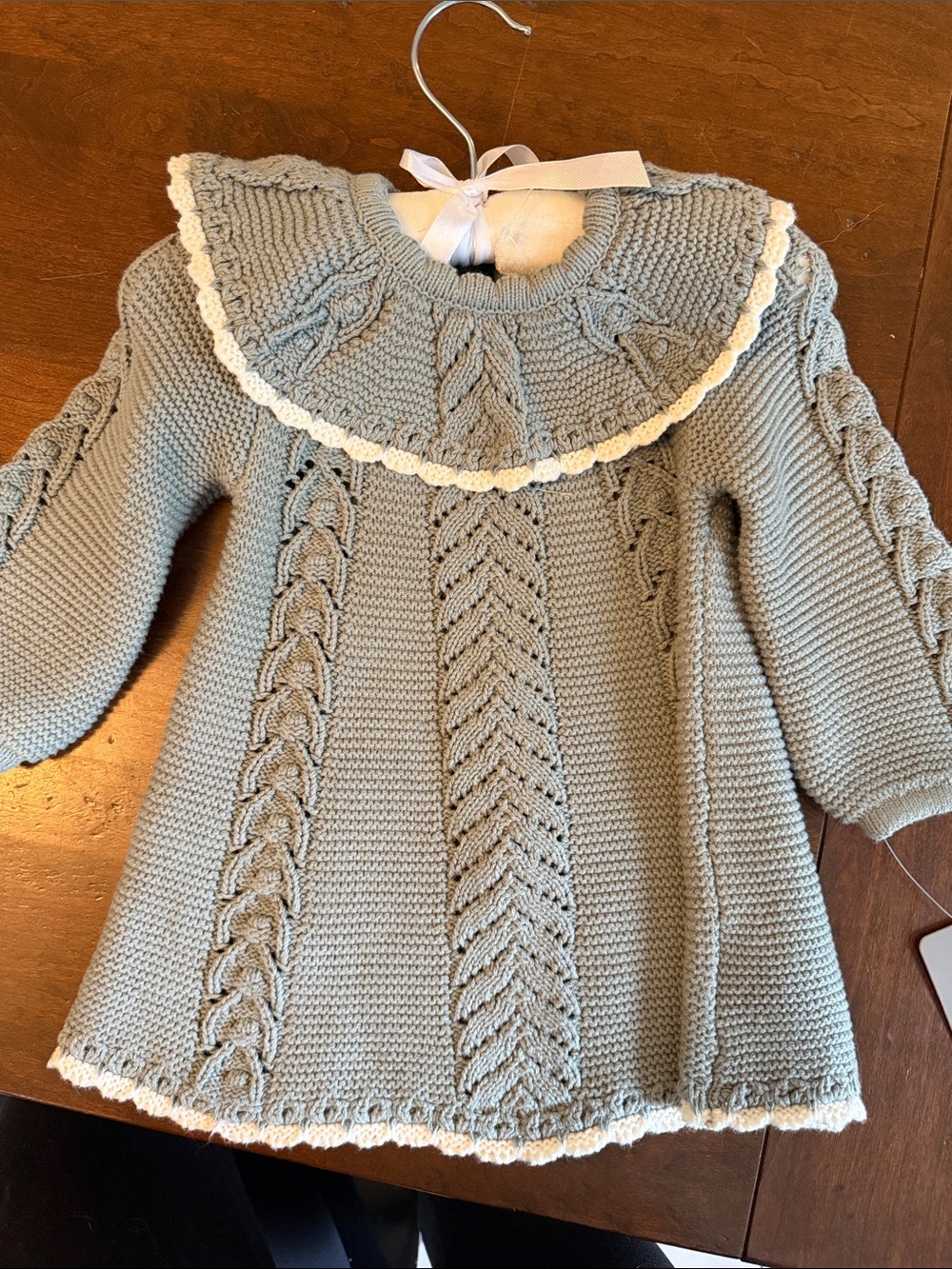 Hand-Knit Baby Dress with Lace Collar - Sage Green
